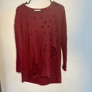 Distressed Maroon Tunic Length Sweatshirt Size M